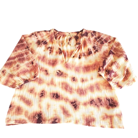 NATION LTD MiMi Romance‎ Plum/Yellow/Cream Tie Dye Gauzy Peasent Sleeve Blouse L - Picture 4 of 15